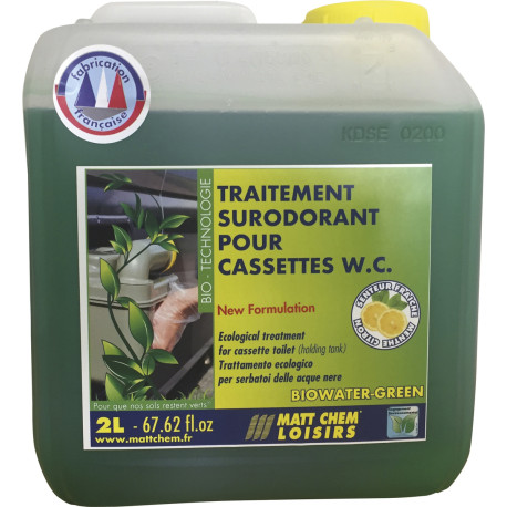 TRAITEMENT SURODORANT POUR CASSETTE WC EAUX NOIRES BIDON 2L BIOWATER GREEN