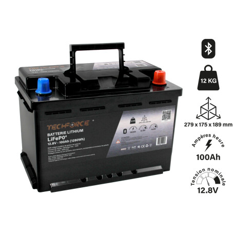 BATTERIE LITHIUM LIFEPO4 12 V 100Ah BLUETOOTH TECHFORCE