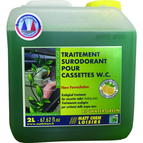 Traitement surodorant pour cassette wc eaux noires bidon BIOWATER GREEN 2 L